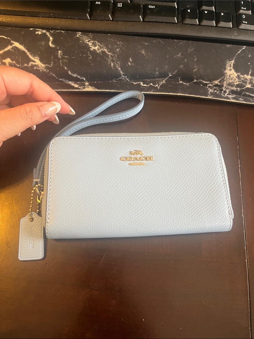 Coach Light Blue Pebbled Leather Wristlet with Gold Hardware